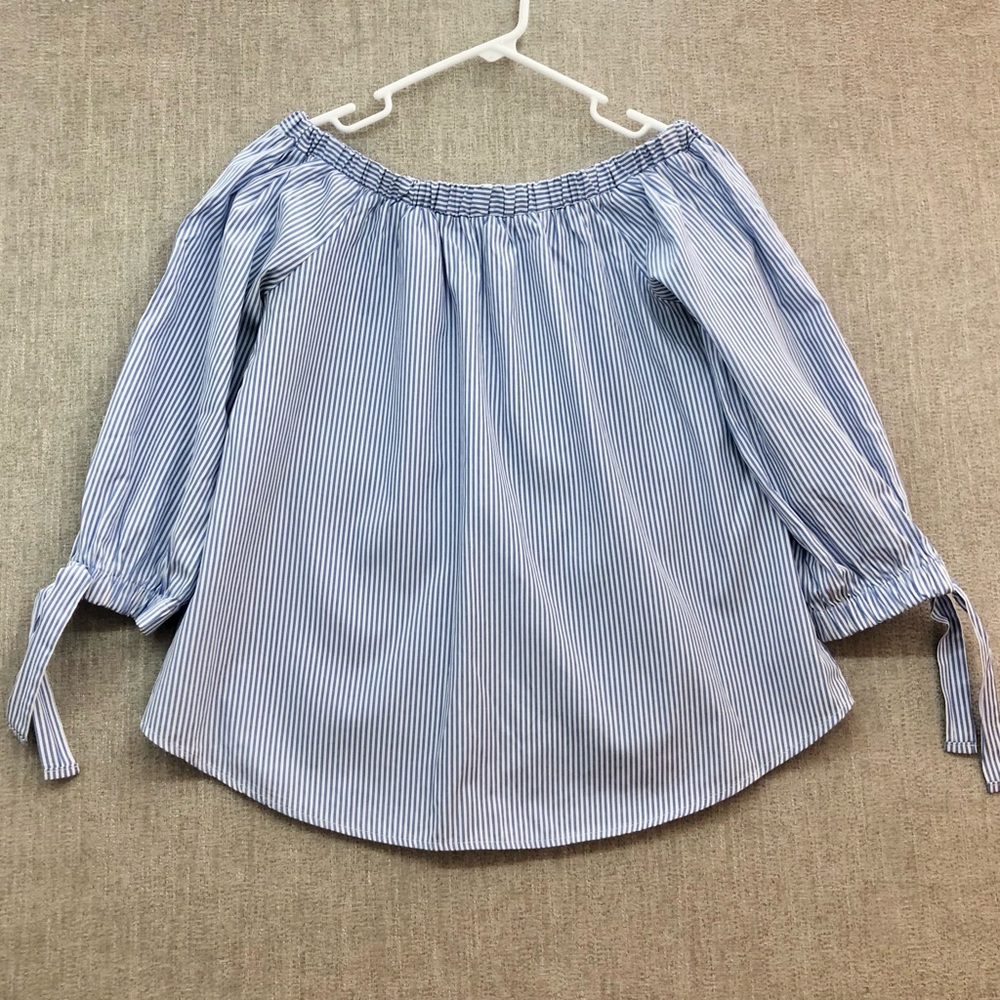 Potters Pot Blue White Striped Off Shoulder 3/4 Sleeve Top Size Medium